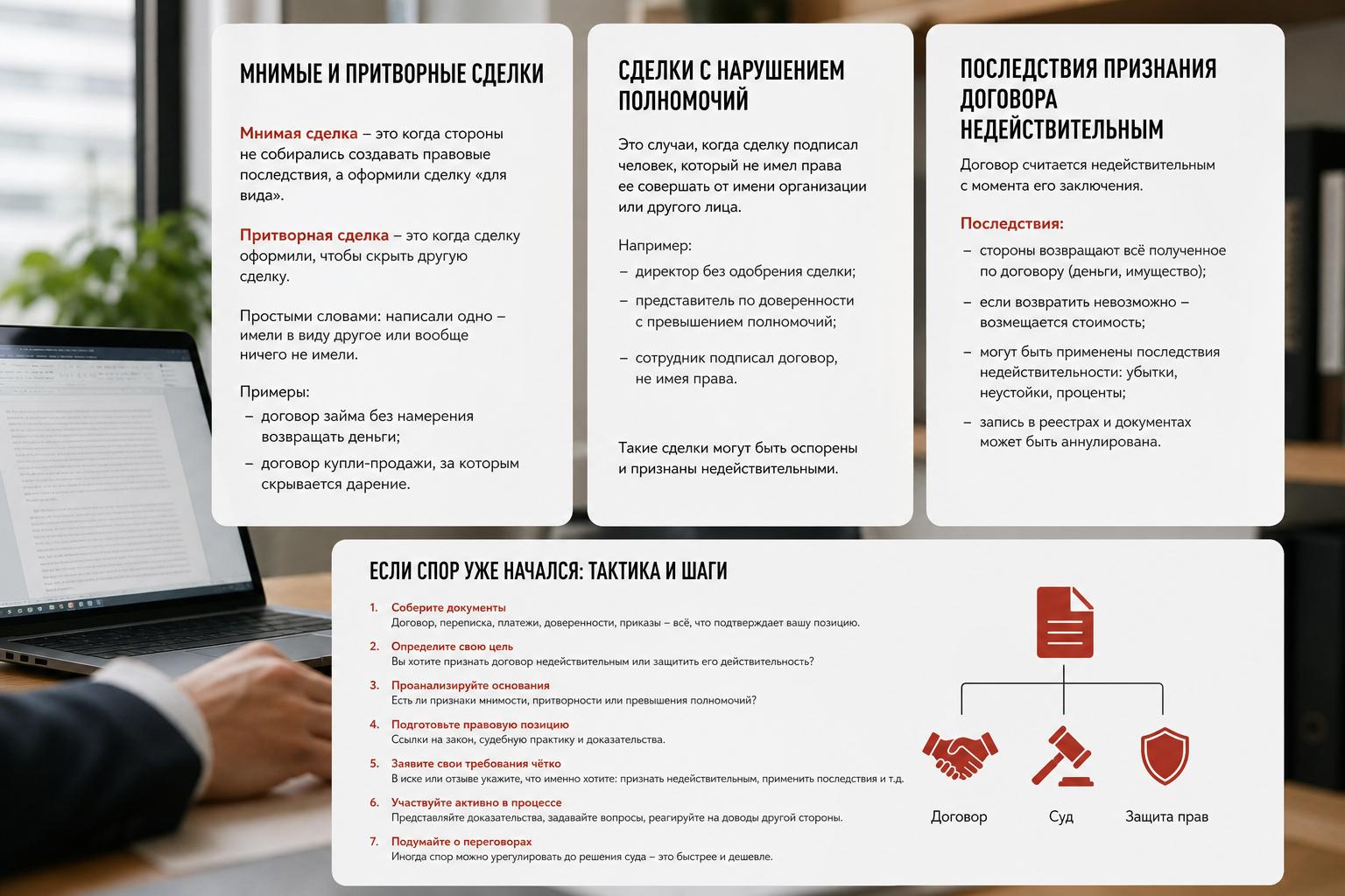 Простым языком о мнимых, притворных сделках, сделках с нарушением полномочий и последствиях признания договора недействительным.. Если спор уже начался: тактика и шаги