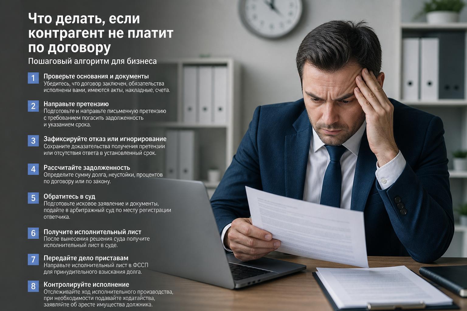 Что делать, если контрагент не платит по договору: пошаговый алгоритм для бизнеса