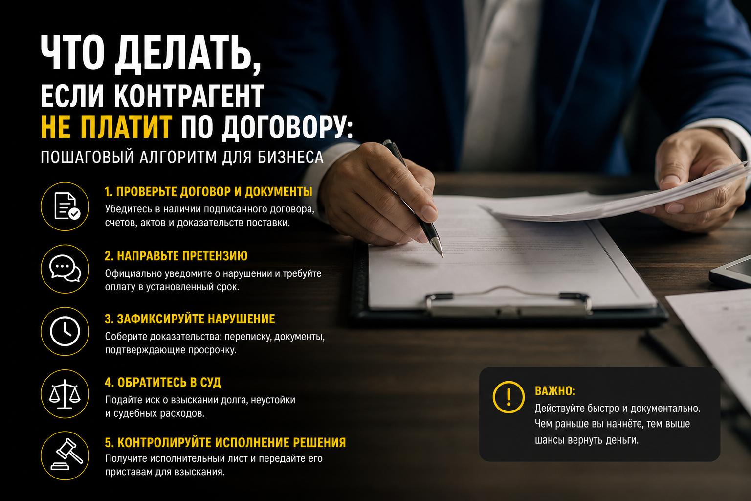 Что делать, если контрагент не платит по договору: пошаговый алгоритм для бизнеса. Сильные акценты с самого начала