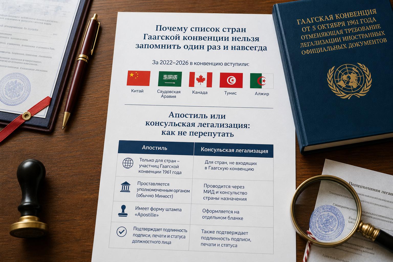 Почему список стран Гаагской конвенции нельзя запомнить один раз и навсегда: за 2022–2026 в конвенцию вступили Китай, Саудовская Аравия, Канада, Тунис, Алжир. Апостиль или консульская легализация: как не перепутать Почему список стран Гаагской конвенции нельзя запомнить один раз и навсегда: за 2022–2026 в конвенцию вступили Китай, Саудовская Аравия, Канада, Тунис, Алжир. Апостиль или консульская легализация: как не перепутать