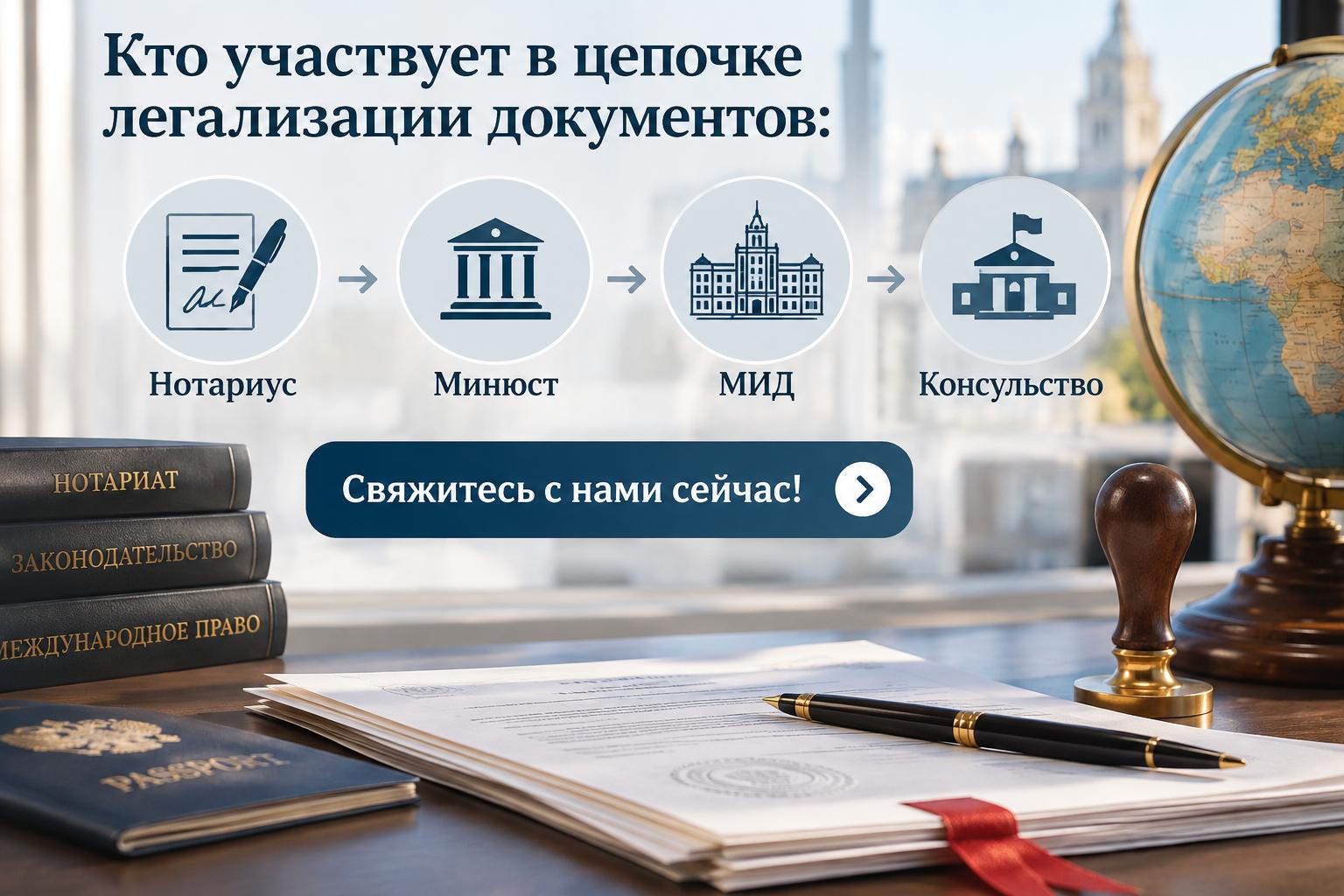 Кто участвует в цепочке легализации документов: нотариус, Минюст, МИД, консульство . Свяжитесь с нами сейчас! Кто участвует в цепочке легализации документов: нотариус, Минюст, МИД, консульство . Свяжитесь с нами сейчас!